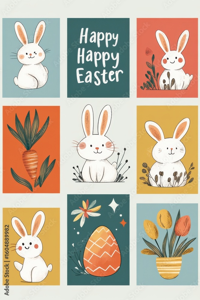 Fototapeta premium Colorful retro-style Easter cards with bunnies, eggs, and spring decorations