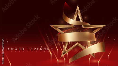 Elegant 3D gold star display stand with sparkling decoration and bright red spotlights. Ideal for award ceremony background, celebrations and recognition events. Vector illustration.
