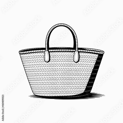 Woven straw tote bag in black and white minimalist fashion illustration for summer lifestyle themes and beach vacation concepts