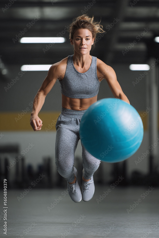 Naklejka premium A strong woman midair with a fitness ball at a gym, embodying wellness, strength, and dedication. Perfect for health, fitness, or lifestyle concepts. Dynamic movement.