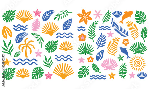 Tropical Beach & Summer Vacation Illustrations: Palm Trees, Sun, and Holiday Icons