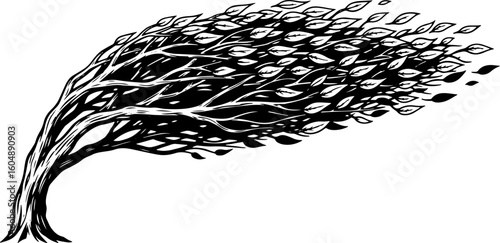 Vector art of stylized tree silhouette being blown by strong wind