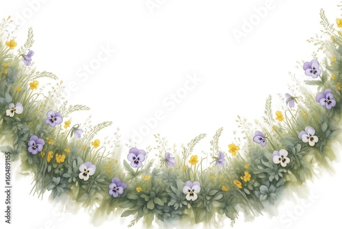 Soft Focus Meadow Garland With Delicate Purple And Yellow Wildflowers