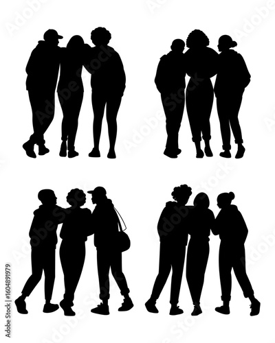 Silhouettes of Diverse Friends Hugging and Walking Together