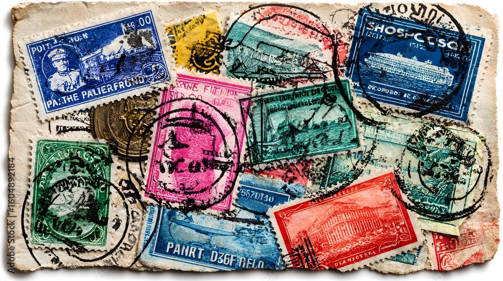 Fototapeta premium Vintage postage stamps on aged paper.
