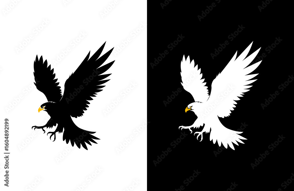 Obraz premium A black and white eagle silhouette, in flight, poised to land, presented in contrasting backgrounds.