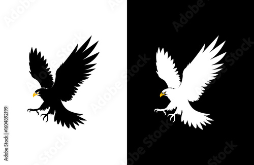 A black and white eagle silhouette, in flight, poised to land, presented in contrasting backgrounds.