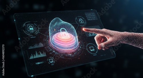 Secure Trust: Holographic Interface - Cybersecurity, data protection, safety, secure access, and user trust are symbolized in this depicting a holographic interface