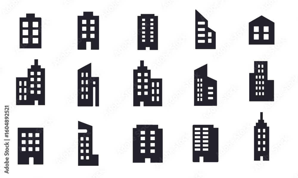 Modern Building and Skyscraper Glyph Icon Set. A collection of urban architecture silhouettes for real estate, corporate business, and city branding.
Modern Building and Skyscraper Glyph Icon Set. A collection of urban architecture silhouettes for real estate, corporate business, and city branding.
