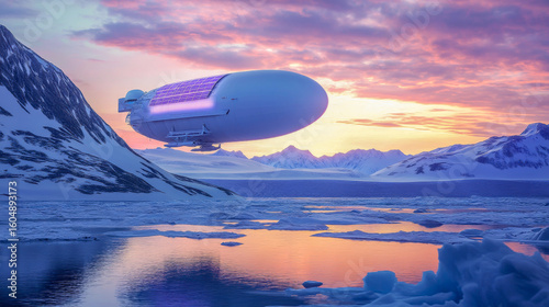 Soaring effortlessly above the frozen expanse, the futuristic freight blimp harnesses solar energy and electric propulsion, embodying the future of sustainable arctic transport under twilight hues