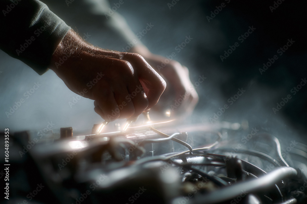 Closeup Mechanic hands working on a car engine. Automotive maintenance, repair, and expertise concept. Dramatic lighting shallow depth of field. Suitable for ads, blog. Closeup Mechanic hands working on a car engine. Automotive maintenance, repair, and expertise concept. Dramatic lighting shallow depth of field. Suitable for ads, blog.