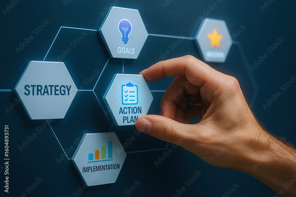 Action plan strategy goals implementation business hand planning checklist success concept management organization target progress development teamwork chart growth idea motivation vision