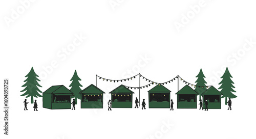 An outdoor market scene with stalls and people. 