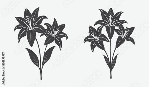 Two stylized floral arrangements featuring blooming lilies with detailed petals and leaves in a dark monochrome design