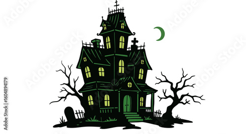 Spooky haunted house illustration in a dark setting.