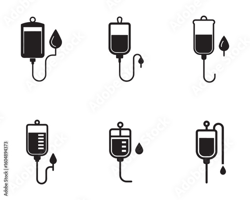 Vector illustration of IV drip bag set for medical treatment and healthcare icons depicting intravenous therapy process