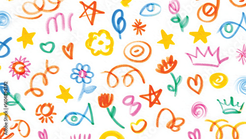 Colorful hand drawn doodles of stars flowers hearts and swirls on white drawing abstract