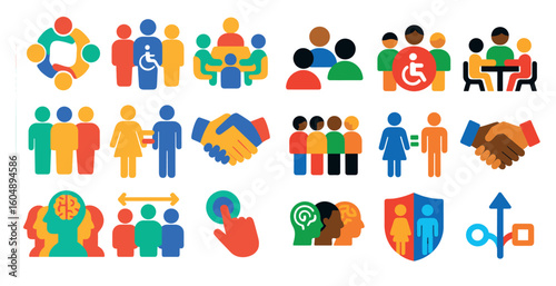 Collection of people and symbols that represent unity and collaboration. The symbols include a handshake, a person with a hand on their hip, and a person with a hand on their head