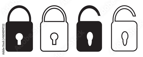 Padlock - Illustration Icons. Locks icons set. Locked and unlocked vector icon set. Locked and unlocked black line icon set.