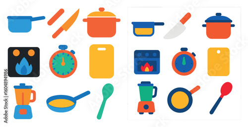 Collection of kitchen utensils and appliances, including a knife, a spoon, a spatula, a frying pan, and a blender