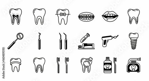 Dental Care and Oral Hygiene Line Icon Set – Tooth Anatomy, Braces, Dental Tools, Implants, Hygiene Products Vector Illustration

