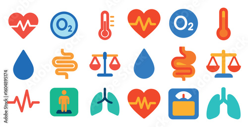 Collection of medical icons including a heart, a thermometer, and a scale. The icons are arranged in a grid and are all in different colors