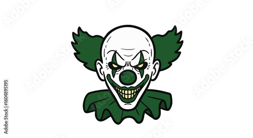 A scary clown illustration with a sinister grin and intense gaze.
