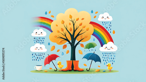 Cute yellow ducklings under umbrellas with rainbow and rain autumn clouds