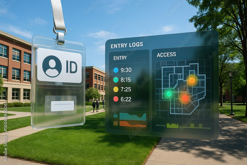 Obraz premium ID badge with digital entry logs and access map overlay on college campus background, showing time stamped entry points and security monitoring in sunny outdoor setting