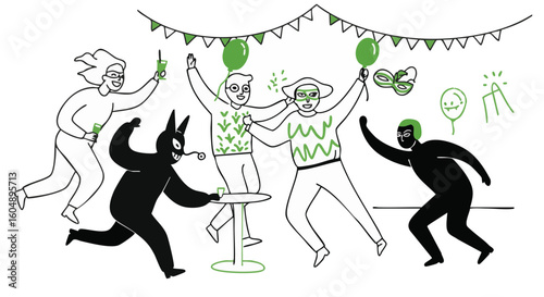 Celebratory party with vibrant decorations and figures in joyful celebration.