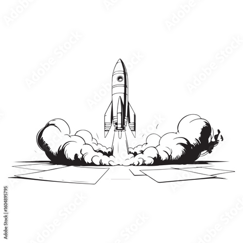 Monochrome Rocket Launch Illustration Showing Powerful Ascent and Dense Smoke Trail Leaving the Launchpad With Great Force