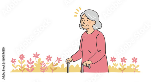 An elderly woman strolling leisurely with a cane among blossoming flowers.