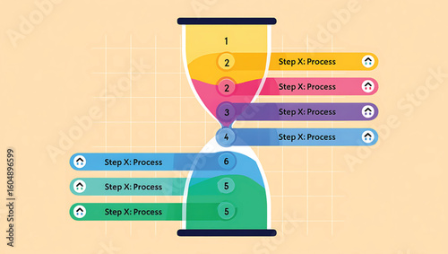 Hourglass infographic with numbered steps and process labels timeline