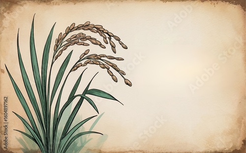 Rice Plant Illustration - Traditional Rice Grain Art - Vintage Rice Field Drawing with Golden Rice Stalks and Green Leaves on Aged Paper Background