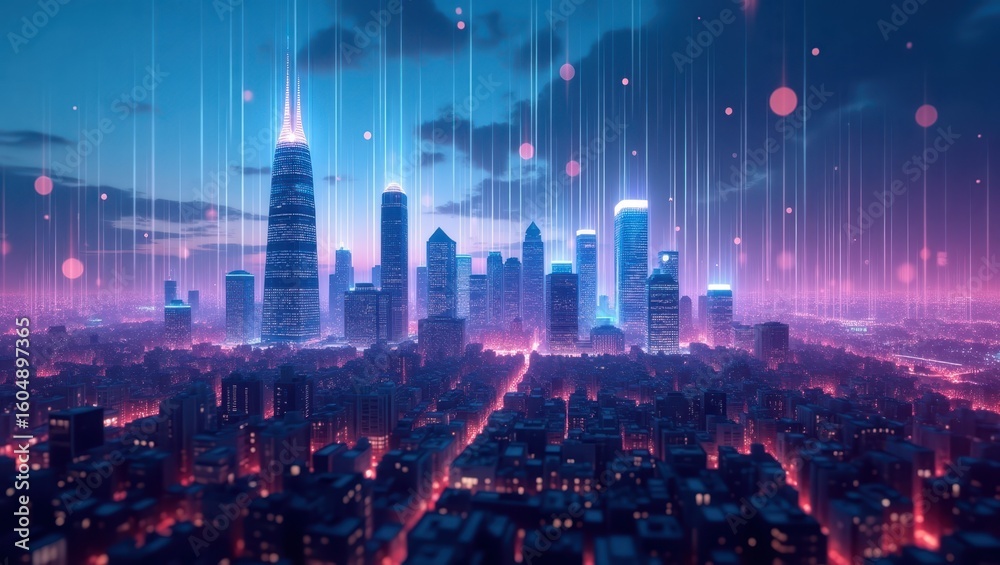 Obraz premium Futuristic cityscape at night with glowing connections.