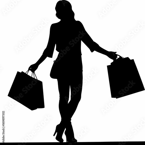 Stylish Woman Shopper Silhouette Vector – Full Body Shopping Bag Design