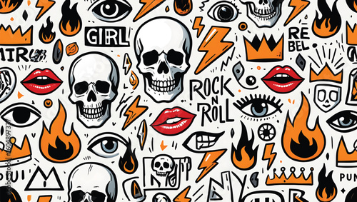 Skulls lips eyes lightning bolts and flames in a chaotic graffiti style vector