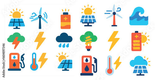 Collection of icons for various energy sources, including solar, wind, and hydroelectric power. The icons are arranged in a grid, with some overlapping and others standing alone