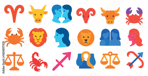 Collection of symbols and icons, including a crab, a lion, a woman, a man, a woman, a woman, a woman, a woman, a woman, a woman, a woman, a woman, a woman, a woman,
