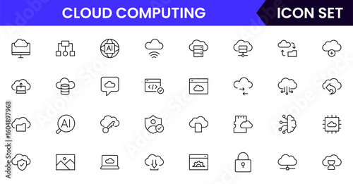 Cloud and quantum computing vector line icons featuring servers, data clouds, qubits, circuits, algorithms, networks, processing, security, and futuristic technology elements.