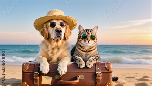 Funny dog in hat and cat in sunglasses relaxing on suitcase at the beach during sunset. Summer vacation mood with pets.