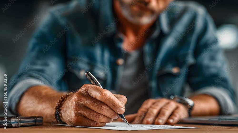 Fototapeta premium Close-up of a person's hands writing on a document.
