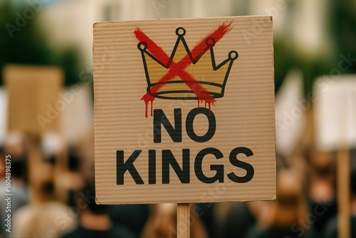 Protest Against Monarchy with Cardboard Sign Depicting Crossed Out Crown Reading No Kings During Demonstration