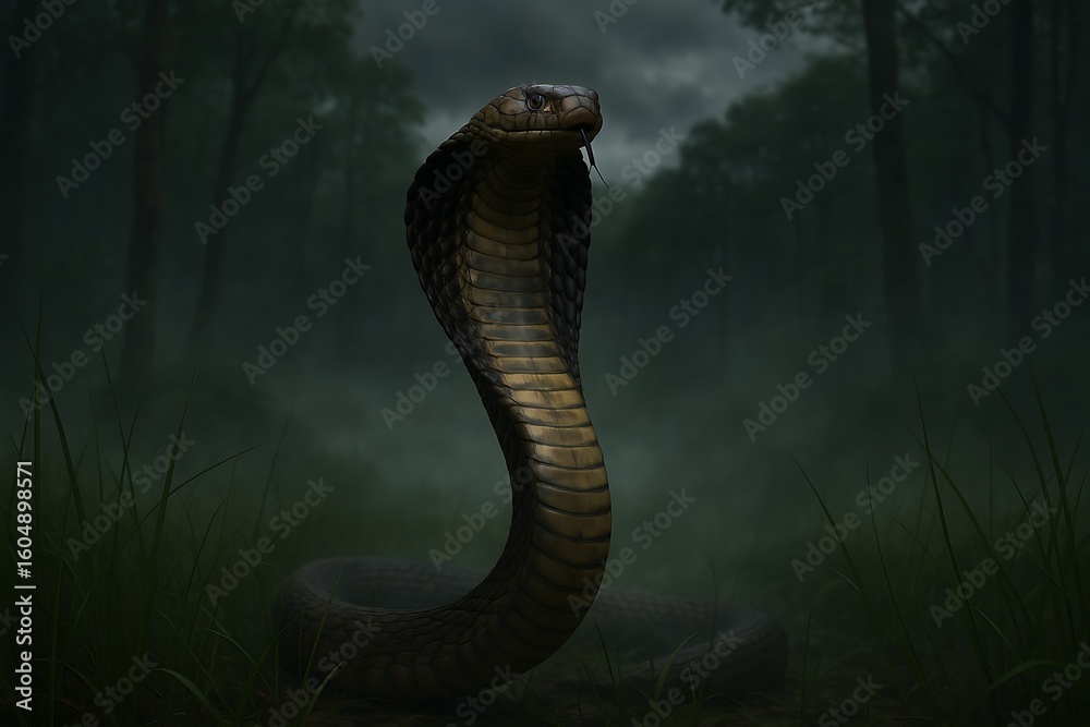 Fototapeta premium Majestic cobra poised in a misty jungle environment