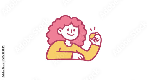 Illustration of a woman with curly hair holding a gold coin, possibly representing wealth or finance.