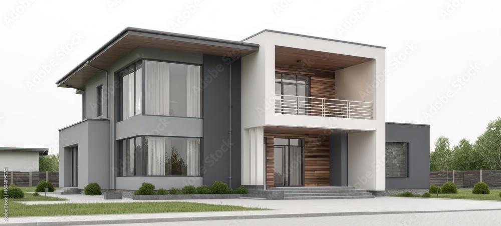 Fototapeta premium The modern house with stylish facade and inviting entrance design.
