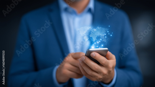 Wallpaper Mural Businessman with Smartphone and Global Internet Connection in Digital Marketing Torontodigital.ca