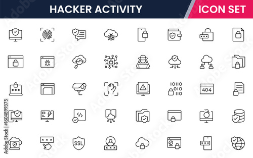 Hacker activity vector line icons featuring shields, locks, firewalls, encryption, passwords, malware protection, surveillance, data safety, and secure networks.
