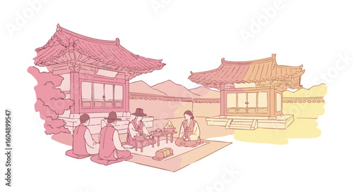 Traditional korean architecture and people illustration.