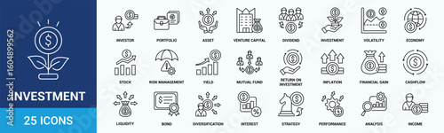 Investment icon set. Containing investor, mutual fund, asset, risk management, economy, financial gain, interest and stock icons. Outline icon collection.